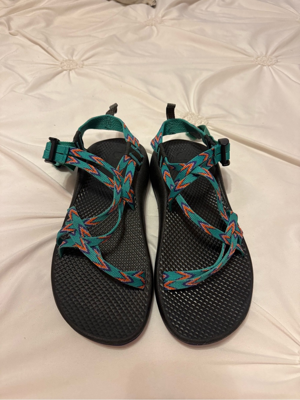 Chaco Women's Teal Multicolor Patterned Strap Sandals with Black Sole